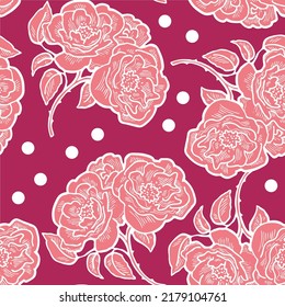 Roses with leaves pattern for fabric print, background decoration, paper ornament, wallpaper. Floral, garden, botanical, theme. Romantic, elegant hand drawn illustration. Vintage style vector drawing.