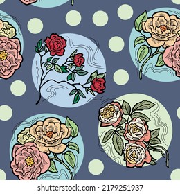 Roses with leaves pattern for fabric print, background decoration, paper ornament, wallpaper. Floral, garden, botanical, theme. Romantic, elegant hand drawn illustration. Vintage style vector drawing.
