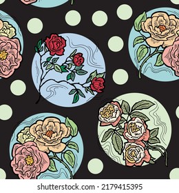 Roses with leaves pattern for fabric print, background decoration, paper ornament, wallpaper. Floral, garden, botanical, theme. Romantic, elegant hand drawn illustration. Vintage style vector drawing.