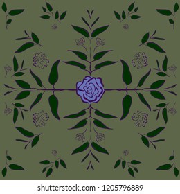 Roses and leaves. Pattern with plants and fruits. Vector illustration, which can be used for tile, desktop wallpaper, surface textures, textile.