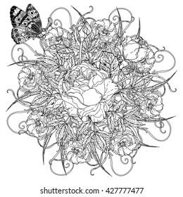 roses and leaves shape of mandala in old masters style bouquet for adult coloring book in zen art therapy style for anti stress drawing. Hand-drawn, vector, detailed mandala, for coloring book, poster