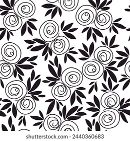 Roses and leaves vector seamless pattern. Doodle simple ornament.