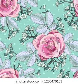 Roses, leaves and wildflowers on a light blue seamless background with small circles. Suitable for printing on fabric and paper and decorating anything.