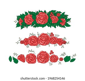 Roses, leaves wreath. Beautiful floral tiara elements. Vector set. Objects are isolated