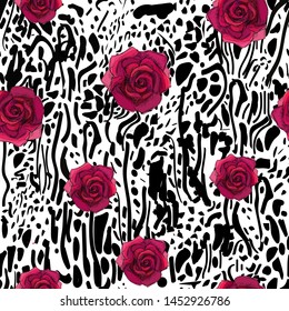 Roses, leopard or tiger spots, seamless vector pattern,  texture, modern wrapper, paper, wallpaper