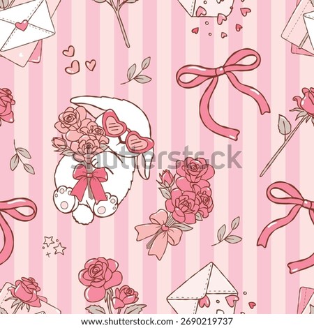 Roses and Letters Seamless Pattern, Coquette Valentine Digital Paper, Trendy Bunny Valentine Fabric Design Vector