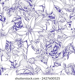 Roses and Lilies - seamless background of blue monochrome on a white background in Sketch drawing and line art style. Random pattern. Handmade vector image