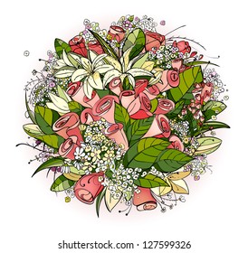 Roses and Lily Flowers Bunch Illustration. Vector Illustration EPS8.