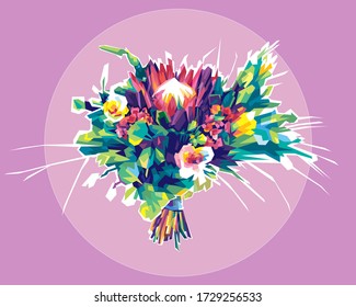 Roses and lotus flowers bouquet, colorful illustration with pink background