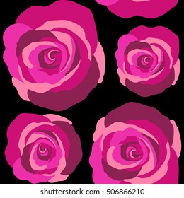 Roses magenta on a black. Seamless background pattern. Hand drawn elements. Vector illustration.