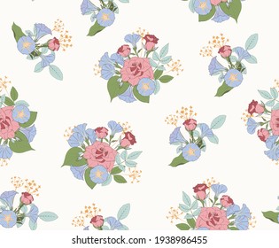 Roses and morning glory. Elegant Floral vector pattern on beige background for fabric