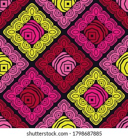 Roses. Mosaic with geometric shapes. Seamless pattern. Design with manual hatching. Textile. Ethnic boho ornament. Vector illustration for web design or print.