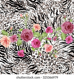 Roses on animal skin. Fashion seamless pattern
