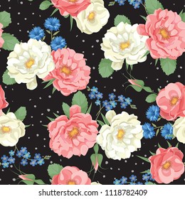 Roses on black background seamless pattern. Summer flowers seamless pattern. Beautiful roses wallpaper. Roses texture. Floral print design