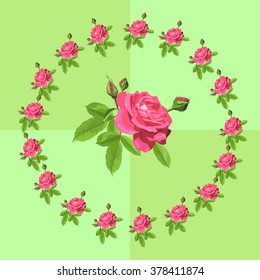  roses on a bright green background.Vector illustration.Greeting card for mother's day, birthday,anniversary, wedding and other holidays.
