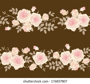 Roses on a dark background. Two seamless borders. Floral vector pattern.