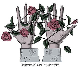 Roses on the hand palms of woman. Retro style valentine greeting card design. Vintage color engraving stylized drawing. Vector illustration