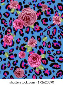 Roses on leopard seamless background. Abstract repeating pattern  