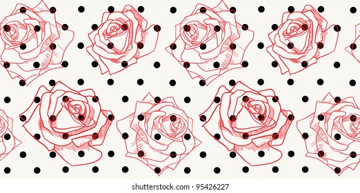 Roses on light beige and black polka dot background. Seamless pattern.