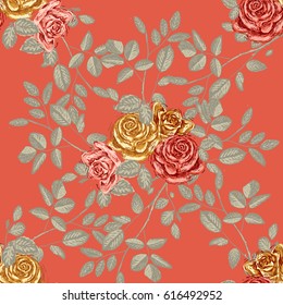 Roses on a orange background. Seamless floral vector pattern. Template for printing onto fabric, wrapping paper, textiles.  Limited palette