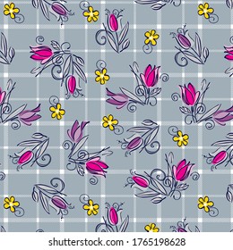Roses on plaid background for textile drawing