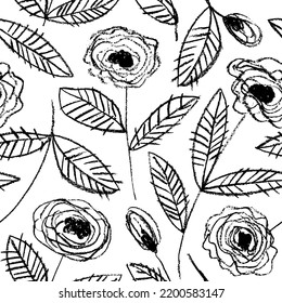 Roses on stems with leaves seamless pattern. Hand drawn pencil floral drawing. Vintage botanical ornament with wild roses. Buds, leaves and stems in engraving style. Naive peonies in sketch style.
