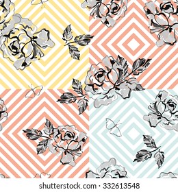 Roses on the striped geometric background. Seamless pattern with drawn gray flowers. 