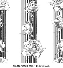 Roses on the texture strip. Seamless black-white floral pattern. Vector illustration on a white background. 