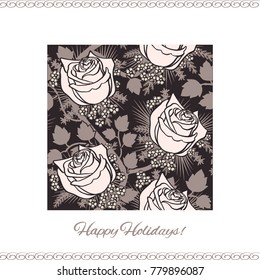 Roses on a vine, pattern with leaves, tiny flowers, pine, fur & spruce needles in the background. Happy Holidays Card.