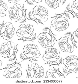 Rosen auf weißem Hintergrund. Nahtlose Vektorgrafik mit floralem Muster, schwarz-weißer Hintergrund für Stoff und Tapete.