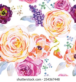 Roses on the white background. Watercolor seamless pattern with flowers.