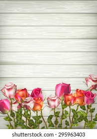 Roses on wooden background table. EPS 10 vector file included