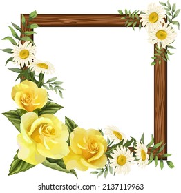 Roses on a wooden frame.Wooden frame with roses and daisies on a transparent background in vector illustration.