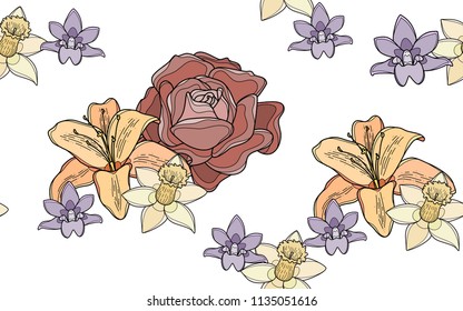 Roses, orchids and hawaiian flowers. Big leaves and exotic flowers composition. Vector illustration. Botanical seamless wallpaper. Digital nature art. Cartoon style sketch. White background.