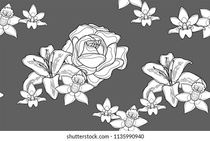 Roses, orchids and hawaiian flowers. Big leaves and exotic flowers composition. Vector illustration. Botanical seamless wallpaper. Digital nature art. Cartoon style sketch. Grey background.