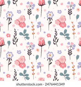Rosas y demás flores y Elementos vegetales. Patrón sin costuras.Ilustración vectorial en estilo plano
