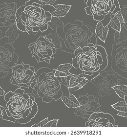 Roses Outline With Leaves and Buds. Transparent White Flowers on Grey Background. Vector Seamless Pattern