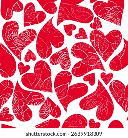 Roses Outline With Leaves and Buds Under Heart Shapes. Transparent White Flowers on red and White Background. 