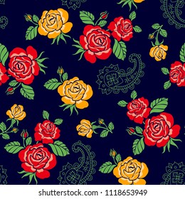 Roses and Paisleies pattern  on dark Blue background for textile pattern,fashion print