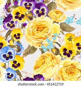 Roses and pansies seamless background