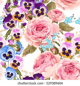 Roses and pansies seamless background