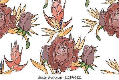 Roses and paradise bird flowers. Palm leaves and exotic flowers composition. Vector illustration. Botanical seamless background. Digital nature art.