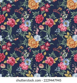 Roses pattern bunch of flowers, repeating print for fabric on dark blue background.Trendy Seamless Floral Pattern in Vector,Bright seamless pattern flowers drawn on paper paints.