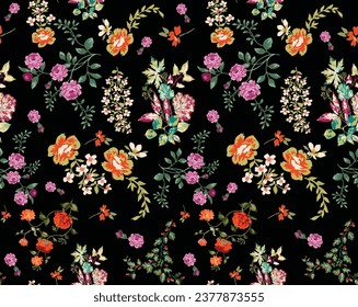 Roses pattern bunch of flowers repeating print for fabric on dark blue background Trendy Seamless Floral 3D Illustration of beautiful flowers textile design and colourfull