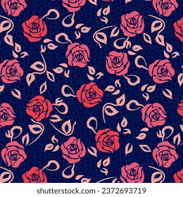 Roses pattern with leaves on honeycomb mesh background