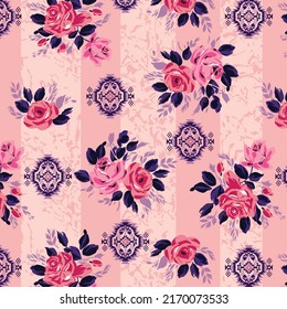 Roses pattern on grunge background with tribal motifs