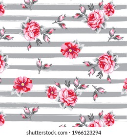 Roses pattern on grunge horizontal lines for textile print fashion design 