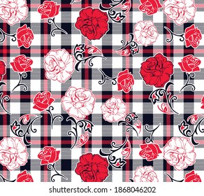 Roses pattern on plaid background for textile print