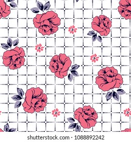 Roses Pattern on polka squared background for textile print, fashion pattern,fabric