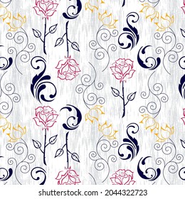 Roses pattern with ornaments on melange background
